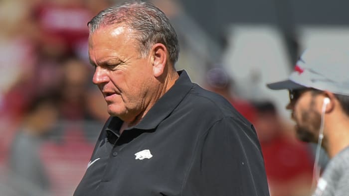 Razorbacks coach Sam Pittman during loss to Mississippi State on Saturday afternoon